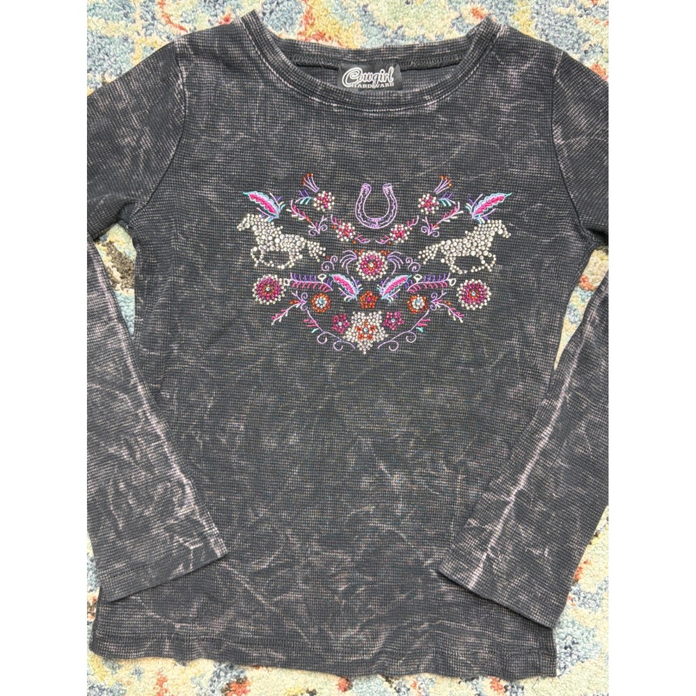 Cowgirl Hardware Thermal Shirt Girls Small Gray Rhinestone Horse Western EUC